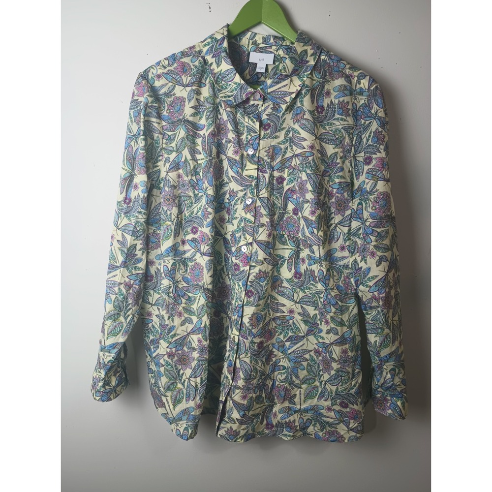 J. Jill Dragonfly Floral Paisley Cotton Button Down Shirt XL Cream Blue Purple